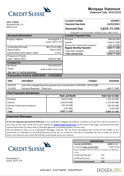 Relevé hypothécaire du Credit Suisse au format Word et PDF